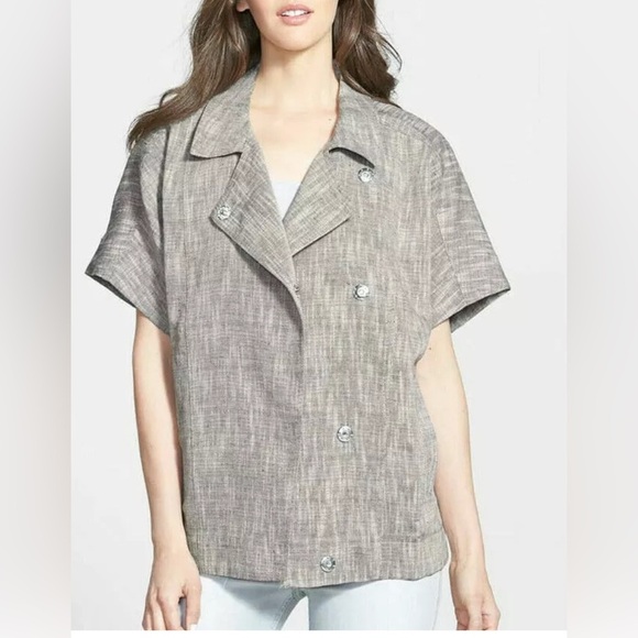EILEEN FISHER Dark Pearl Gray Cotton Linen Linear Slub Boxy Jacket Medium - Picture 1 of 14